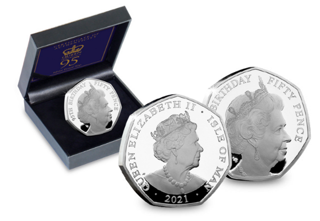 QEII 95th Birthday Silver Proof 50p Obverse and Reverse with Box