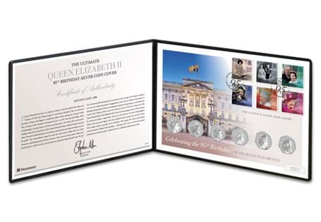 Your QEII 95th Birthday Ultimate Silver 50p coin cover comprises of all six of the Isle of Man QEII 95th Birthday Silver 50p coins, alongside the Isle of Man QEII 95th Birthday 6v stamps. 