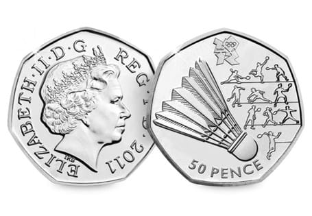 This Badminton 50p was issued as part of a series of 29 Olympic 50ps in commemoration of London 2012, with each coin featuring a different Olympic Sport. 