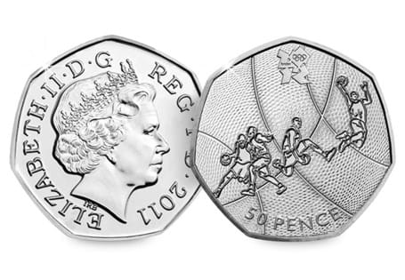 This Basketball Olympic 50p was issued as part of a series of 29 Olympic 50ps in commemoration of London 2012, with each coin featuring a different Olympic Sport.