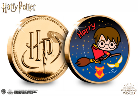 The Official Harry Potter Charm Commemorative features a full colour 'Chibi' illustration of Harry Potter on the reverse and the Harry Potter logo on the obverse.