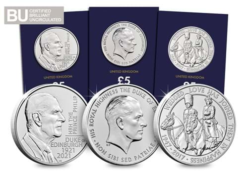 Prince Philip BU £5 Set All Coins Reverse and in Change Checker Pack with BU logo