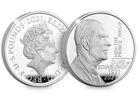 This is the official UK 2021 £5 coin issued by The Royal Mint in memory of the late Prince Philip. It is struck from .925 silver to a proof finish.