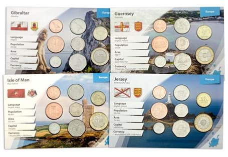 The British Isles and Crown Dependency set includes eight coins from Jersey, Guernsey, Isle of Man and Gibraltar. All coins are presented in a country themed card.