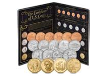 The Evolution of US Coins Collection includes 19 coins featuring the Lincoln Cent, Jefferson Nickel, Washington Quarter and Golden Dollar. It is displayed in a unique vinyl folder.