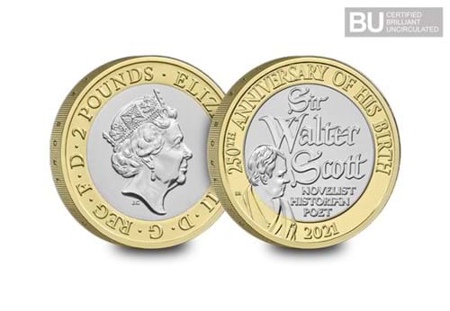 2021 UK Sir Walter Scott CERTIFIED BU £2 both sides with BU logo