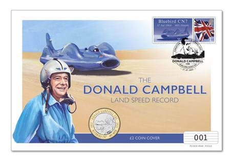 Your Donald Campbell Land Speed £2 cover presents the Guernsey 2021 Campbell Land Speed BU £2 coin alongside a 1st Class Definitive and Customised Label, featuring an image of the Bluebird CN7. 