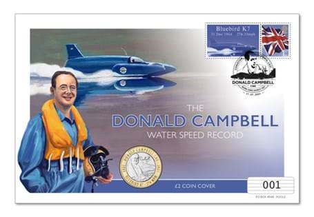 Your Donald Campbell Water Speed £2 Cover presents the Guernsey 2021 Campbell Water Speed BU £2 coin alongside a 1st Class Definitive and Customised Label of the Bluebird K7.