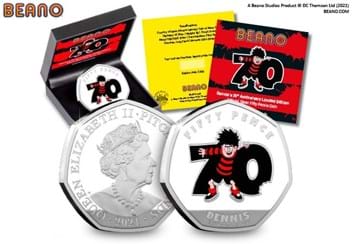 2021 Dennis's 70th Anniversary Silver 50p Coin both sides in forefront, display box and certificate in background