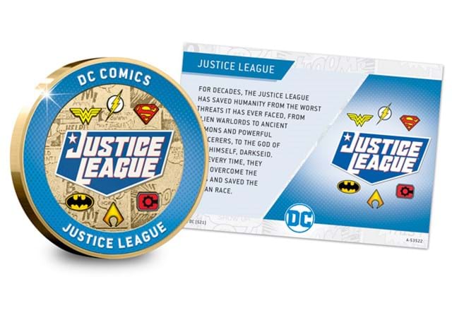DC Medal Gold-plate Justice League Reverse with Information Card