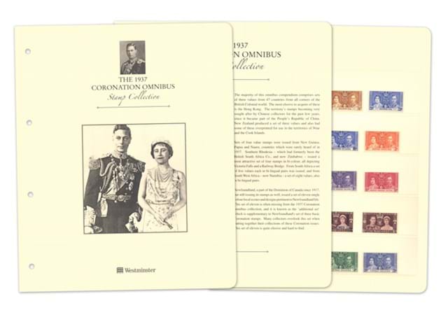 George IV 1937 Coronation stamps on cream folder insert with two information pages
