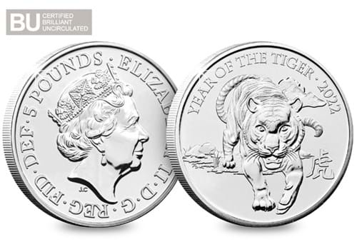 Lunar Year of the Tiger CERTIFIED BU £5 Obverse and Reverse with BU logo