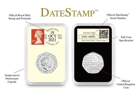 This UK 2021 DateStamp Issue features the Charles Babbage 50p issued by The Royal Mint. Postmarked with the date 18/10/21 and comes with a Certificate of Authenticity.