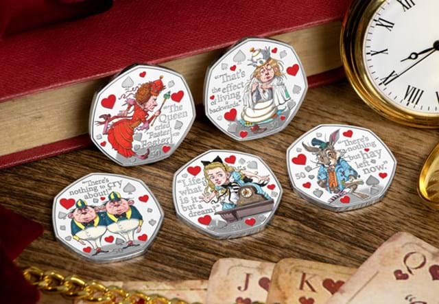 Alice Through the Looking-Glass Silver 50p Set Reverses with Themed Background