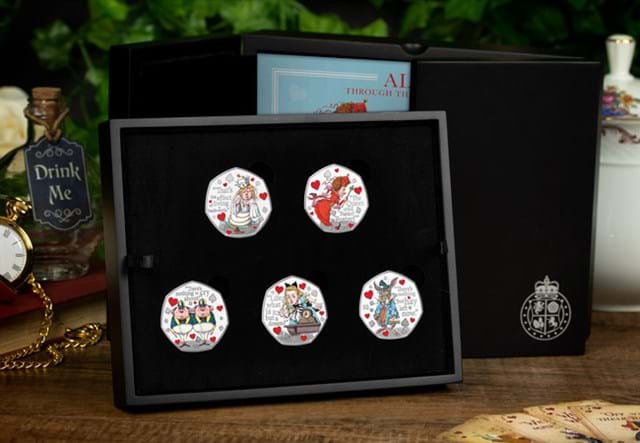 Alice Through the Looking-Glass Silver 50p Set in Box with Themed Background