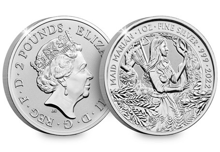 This product features the official Maid Marian 1oz Silver Coin issued by The Royal Mint. It is struck from 99.9% silver and comes presented in a box with certificate of authenticity. EL 495.