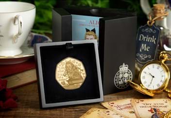 Alice Through the Looking-Glass Gold 50p in Box with Themed Background