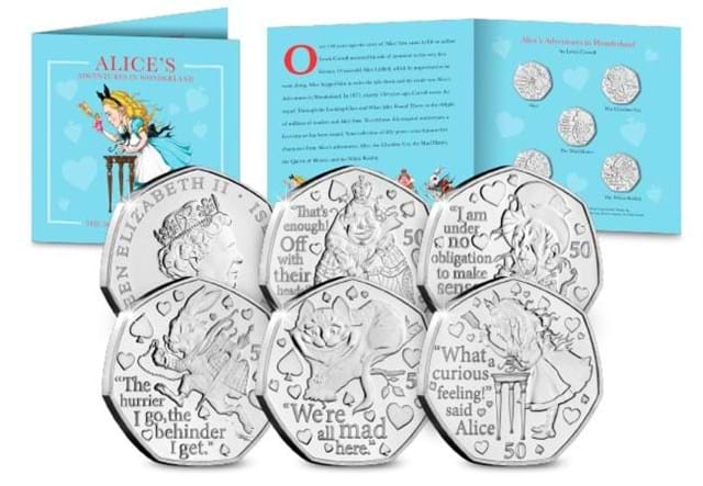 Alice's Adventures in Wonderland BU 50p Set Obverse and All Reverses with Front and Inside of Pack