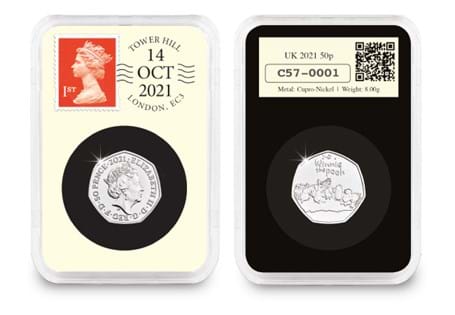 This UK 2021 DateStamp™ Issue features the Winnie the Pooh & Friends 50p issued by The Royal Mint. It is postmarked with the date 14/10/21.