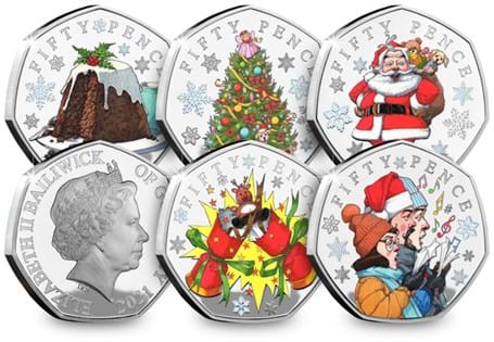 Your Christmas Traditions 50p set features FIVE coins struck from .925 Silver. Each coin features a Christmas Tradition: Santa, Christmas Tree, Carol Singers, Christmas Pudding and a Cracker.
