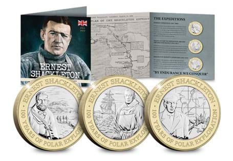 Sir Ernest Shackleton 100th Anniversary set comprises of three £2 coins struck to a Brilliant Uncirculated condition. Reverses feature Shackleton's expeditions and arrives in Presentation Pack.