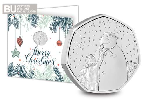 2021 UK The Snowman BU 50p Christmas Card Front with Reverse of Coin and BU logo