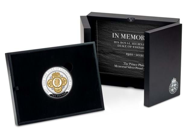 The Prince Philip In Memoriam Silver 5oz £10 Reverse in display box beside Certificate