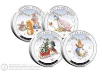 Officially licensed Peter Rabbit Set featuring Peter's friends playing in snow. Plated in Sterling Silver to a Proof finish. E.L: 995