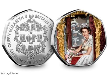 The Land of Hope and Glory Commemorative features original artwork celebrating Her Majesty the Queen's coronation in 1953.