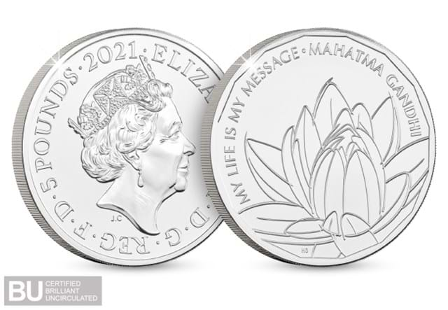 2021 UK Gandhi CERTIFIED BU £5 Obverse and Reverse with BU logo