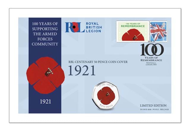 RBL Centenary 50 Pence Coin cover 1921 Front Historic Poppy