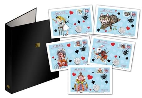 This cover collection features all five Alice Adventures in Wonderland 50p coins from Isle of Man, alongside Philatelic labels and cover artwork. Limited to 750 worldwide.