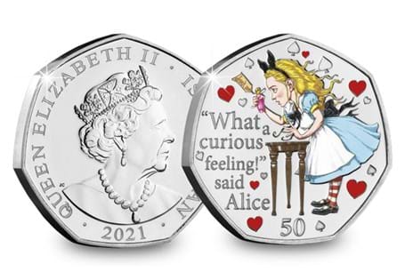 This Alice's Adventures in Wonderland 50p coin features Alice drinking the potion. It has been struck to a Brilliant Uncirculated Quality and features a vivid colour finish. In capsule.