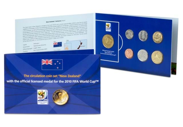 New Zealand 2010 World Cup circulation coins and medal set front and inside