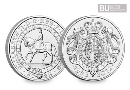 2022 Platinum Jubilee £5 issued to celebrate Queen Elizabeth II's Platinum Jubilee. Featuring an obverse design of the Queen riding on horseback & protectively encapsulated & BU quality.