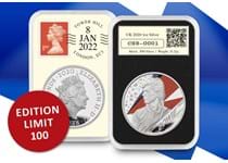 This David Bowie DateStamp™ issue contains the official David Bowie coin issued by The Royal Mint and has been Postmarked by Royal Mail for 8th January 2022.
