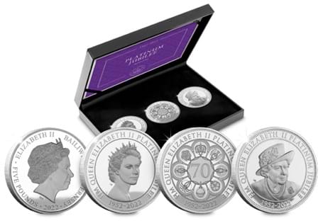 This Set brings together three £5 coins, each struck to a Proof finish, from Jersey, Guernsey and the Isle of Man. The designs features a heraldic, young portrait and old portrait.