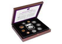This set celebrate the Platinum Jubilee of Queen Elizabeth II in 2022. This set includes each of the coins issued in 1953 from the farthing to Crown.