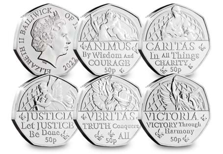 Five Jersey 50p coins issued to mark Her Majesty Queen Elizabeth II's Platinum Jubilee. Struck to a Brilliant Uncirculated finish and features a design based on each of the Queen's virtues. 