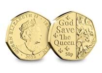The Gold-Plated Platinum Jubilee 50p features the British National Anthem and two of the Queen's heraldic Beasts — the Lion of England and the Unicorn of Scotland. 