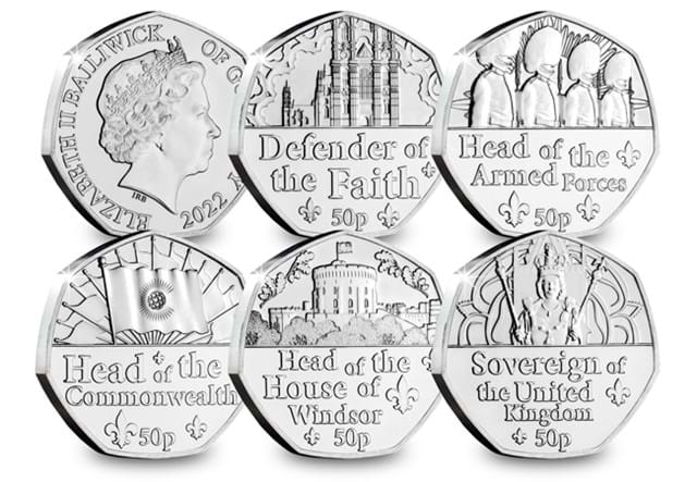 Guernsey roles of the Queen 50p Set all Reverses and Obverse