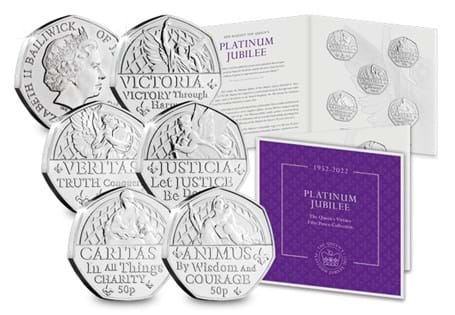 Five Jersey 50p coins issued to mark Her Majesty Queen Elizabeth II's Platinum Jubilee. Struck to a Brilliant Uncirculated finish and features a design based on each of the Queen's virtues. 