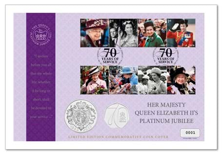 This UK Cover features both UK 2022 Platinum Jubilee £5 and 50p coins, as well as the UK Platinum Jubilee stamps postmarked with on 6th February to mark the Queen's Platinum Jubilee.