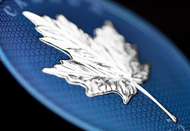 Blue Rhodium 5oz Maple Leaf Coin up close