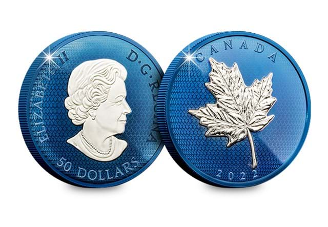 Blue Rhodium 5oz Maple Leaf Coin obverse and reverse