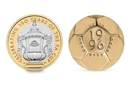 Football pair includes both the 2022 issued UK 150th Anniversary of the FA Cup £2 alongside the 1996 Football £2. Both coins have been protectively encapsulated in official Change Checker packaging.