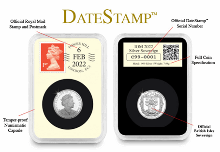 Queen's Platinum Jubilee Silver Sovereign is struck from .999 Silver to a Proof finish. DateStamp features a Red first class stamp, postmarked with the anniversary date of the Queen's Accession.