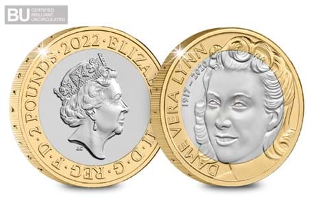£2 coin issued to commemorate the life and legacy of the iconic wartime singer and The Forces Sweetheart, Dame Vera Lynn. Protectively encapsulated and certified as Brilliant Uncirculated quality.
