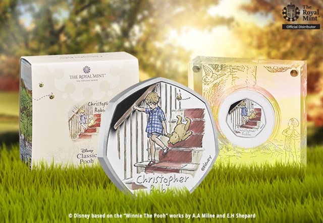 Christopher Robin Silver 50p Reverse and packaging on a woodland scene