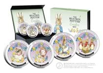 Your set features four sterling-silver commemoratives, honouring some of the most cherished characters from Beatrix Potter™ Tales. 